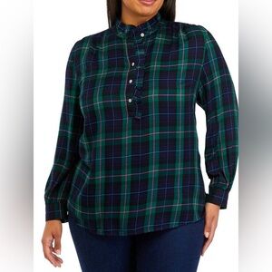 Crown & Ivy L Green Blue Plaid Ruffle Neck Popover Jeweled Buttons Top